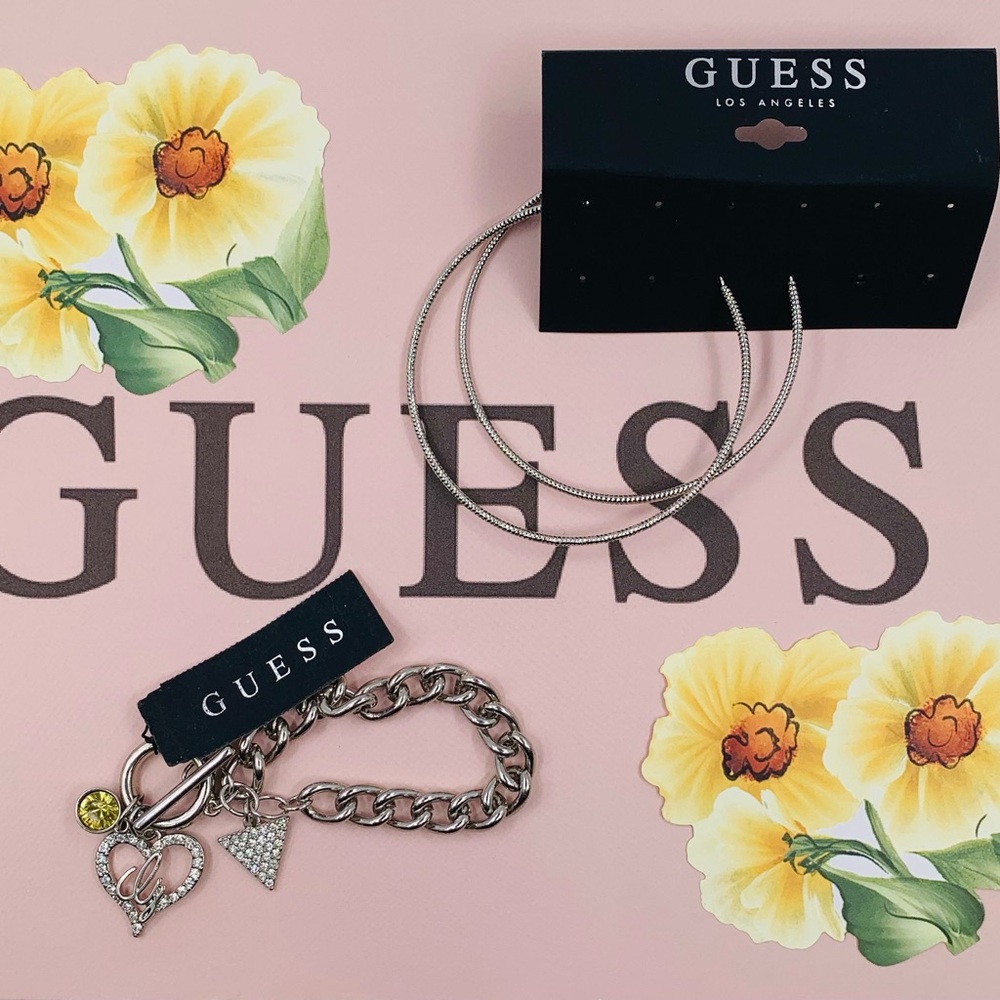 Guess Silver Bracelet Heart and Triangle Charms With Hoop Earrings